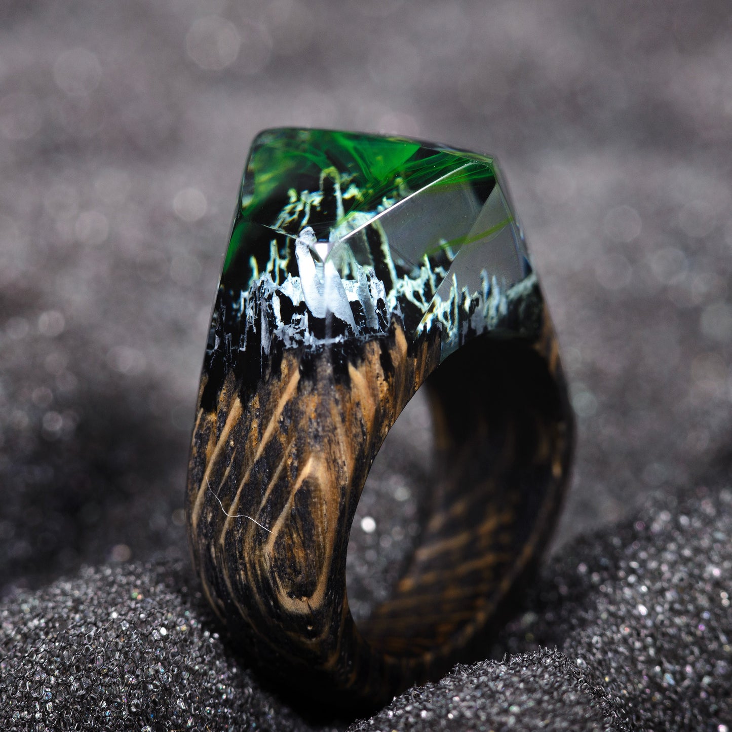 Green Aurora Borealis Resin Wood Ring, Handmade Oak Band