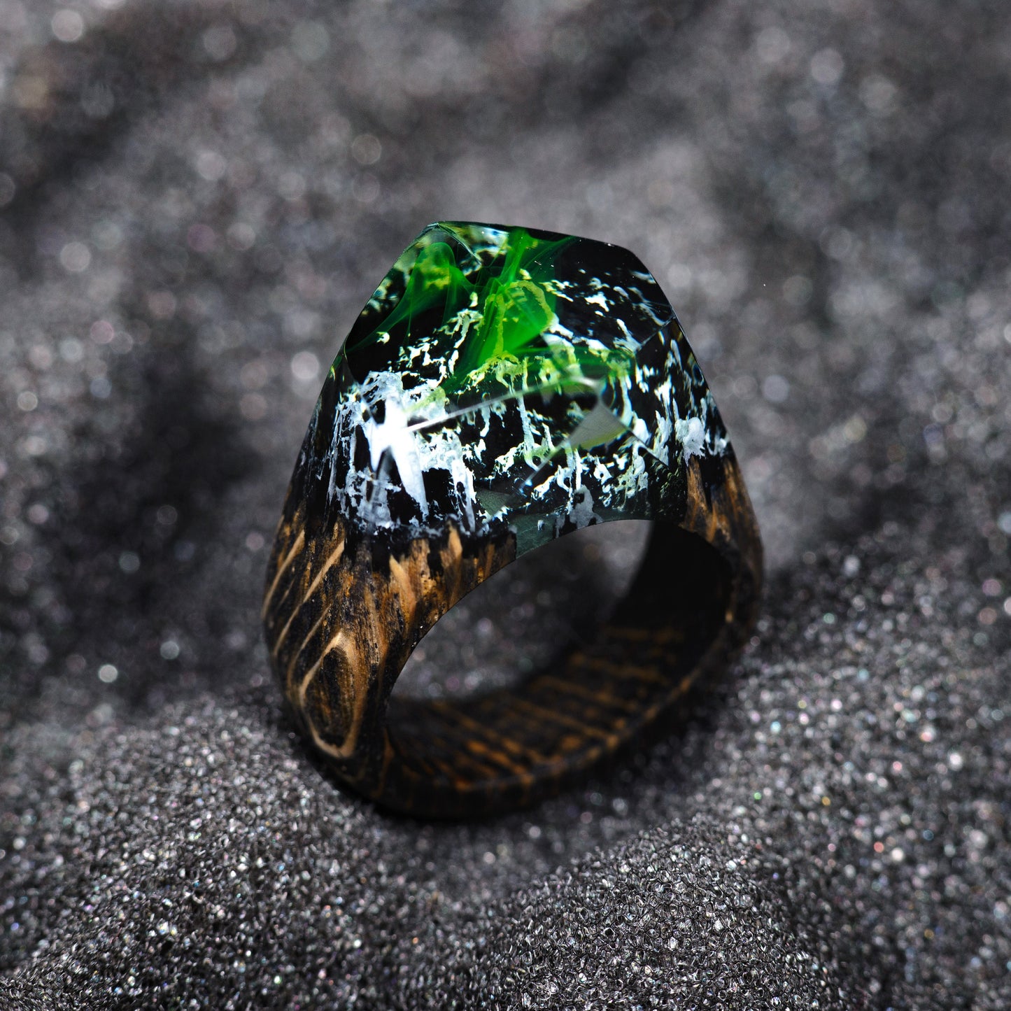 Green Aurora Borealis Resin Wood Ring, Handmade Oak Band