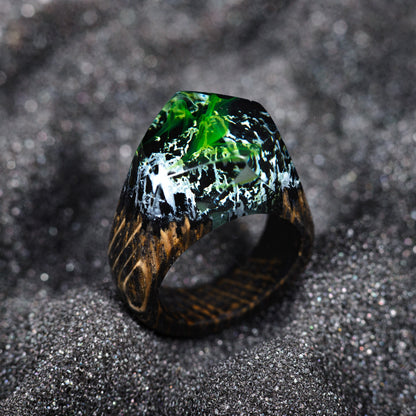 Green Aurora Borealis Resin Wood Ring, Handmade Oak Band