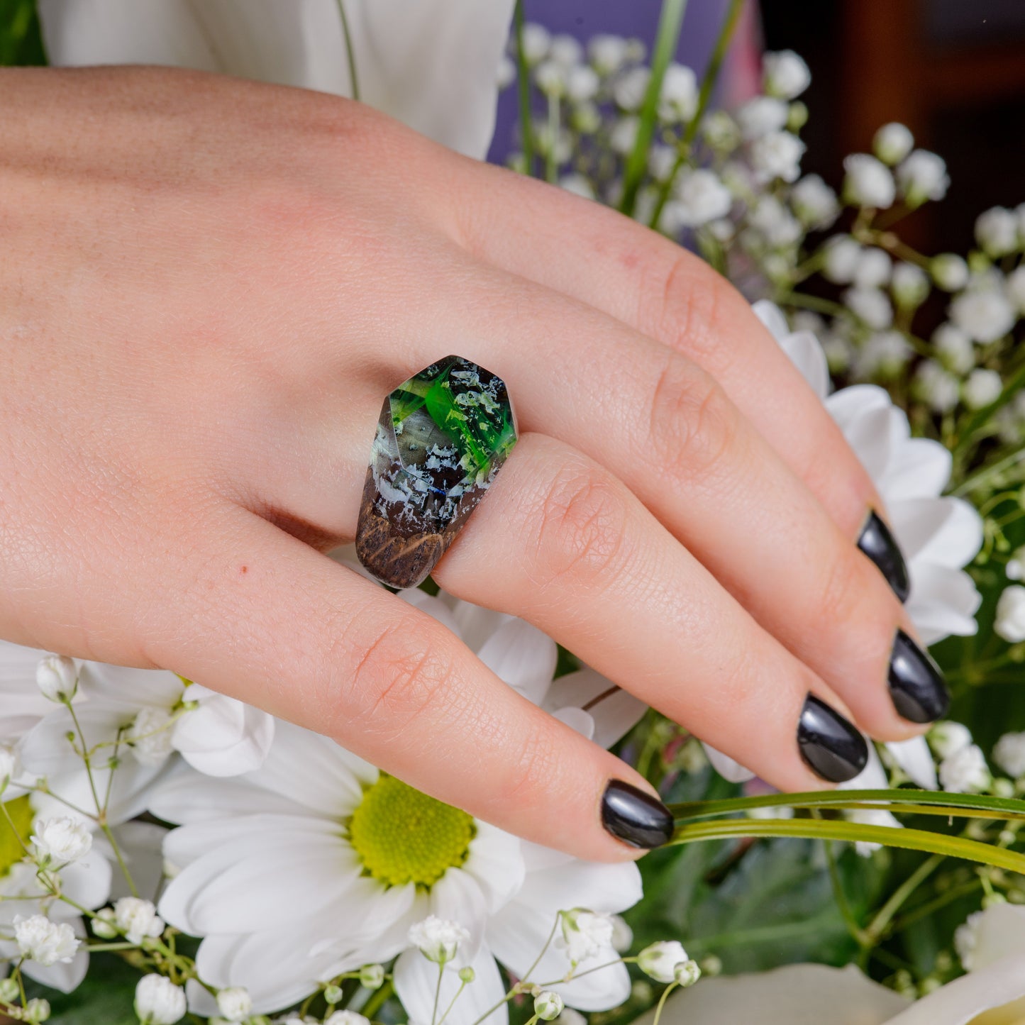 Green Aurora Borealis Resin Wood Ring, Handmade Oak Band
