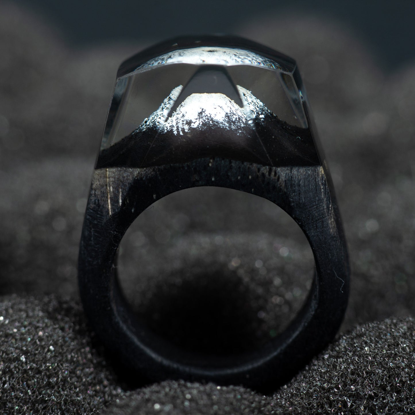 Personalized Wood Resin Ring for Women with Fuji Mountain Landscape Made in Ukraine