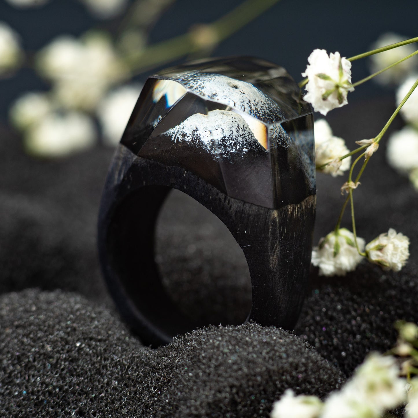 Personalized Wood Resin Ring for Women with Fuji Mountain Landscape Made in Ukraine