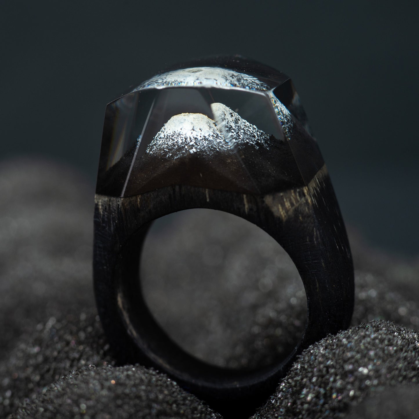 Personalized Wood Resin Ring for Women with Fuji Mountain Landscape Made in Ukraine
