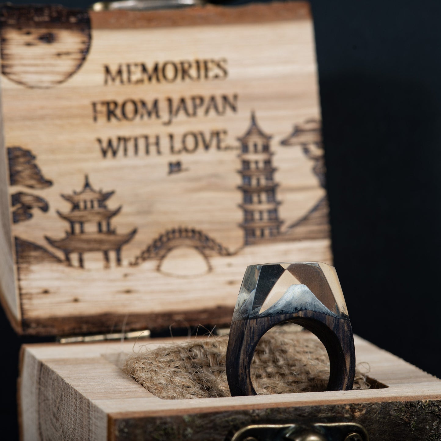 Fuji Mountain Resin Wood Ring: Handmade Nature Landscape Jewelry