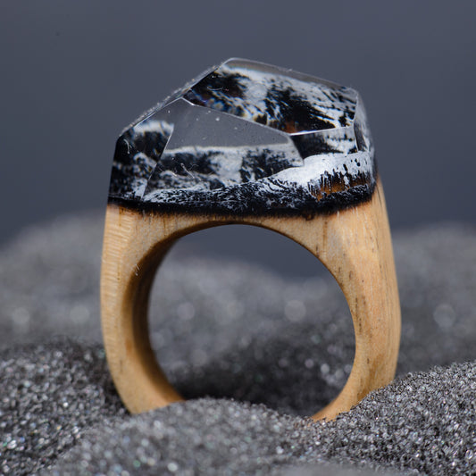 Handmade Mountain Landscape Resin Wood Ring, Anniversary Gift