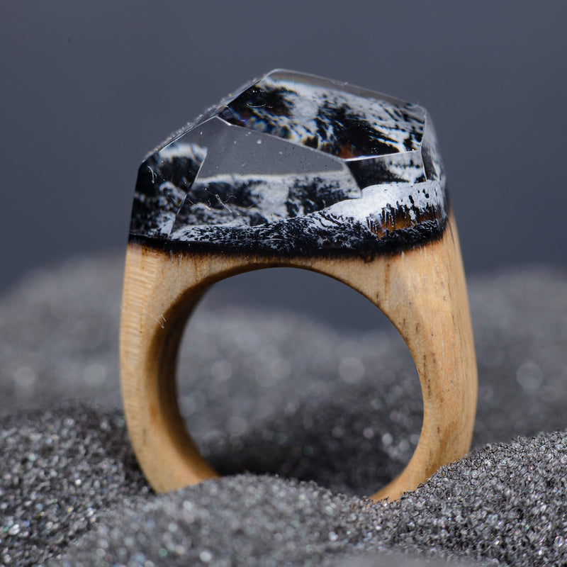Handmade Mountain Landscape Resin Wood Ring, Anniversary Gift