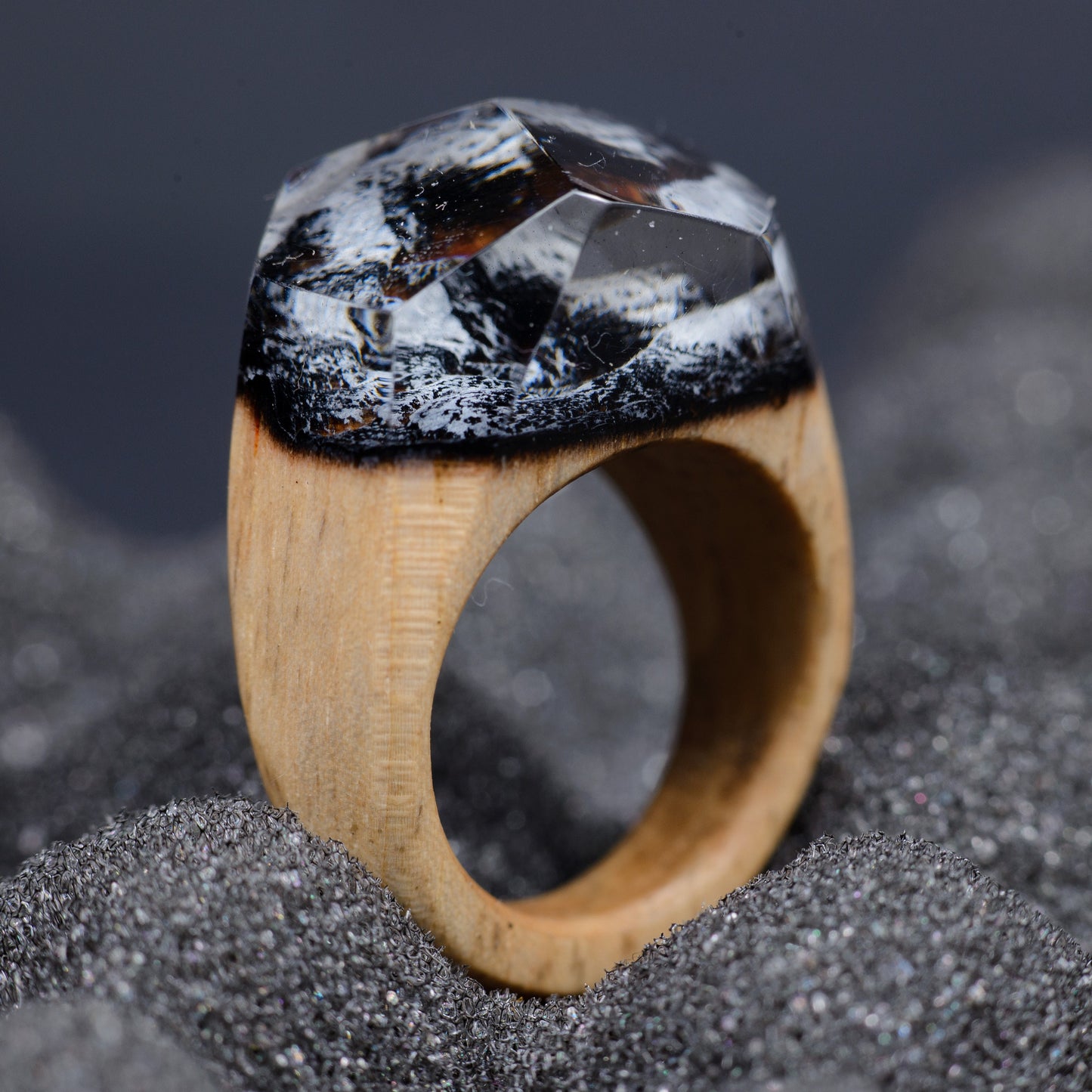 Handmade Mountain Landscape Resin Wood Ring, Anniversary Gift