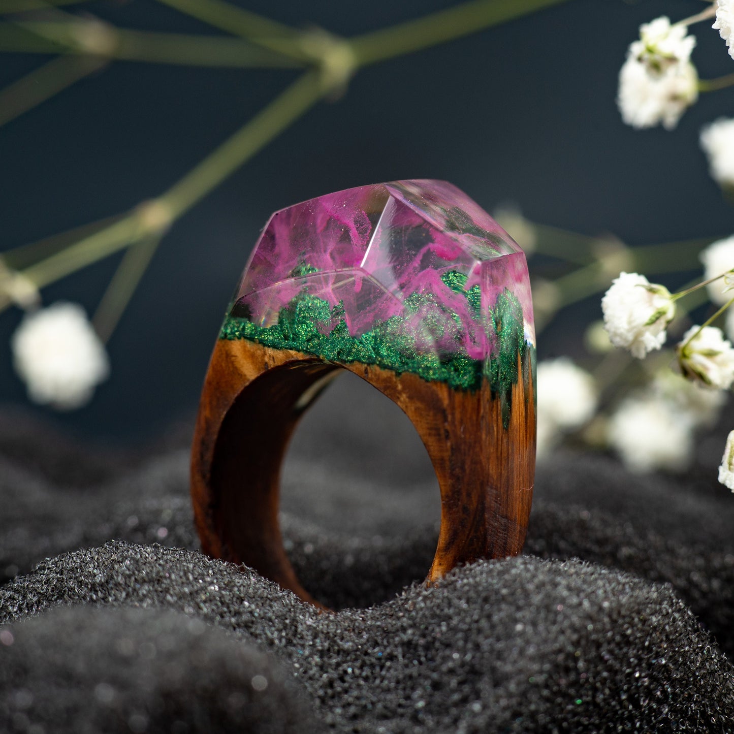 Pink Aurora Borealis Personalized Wood Resin Ring Anniversary  Gift for Women