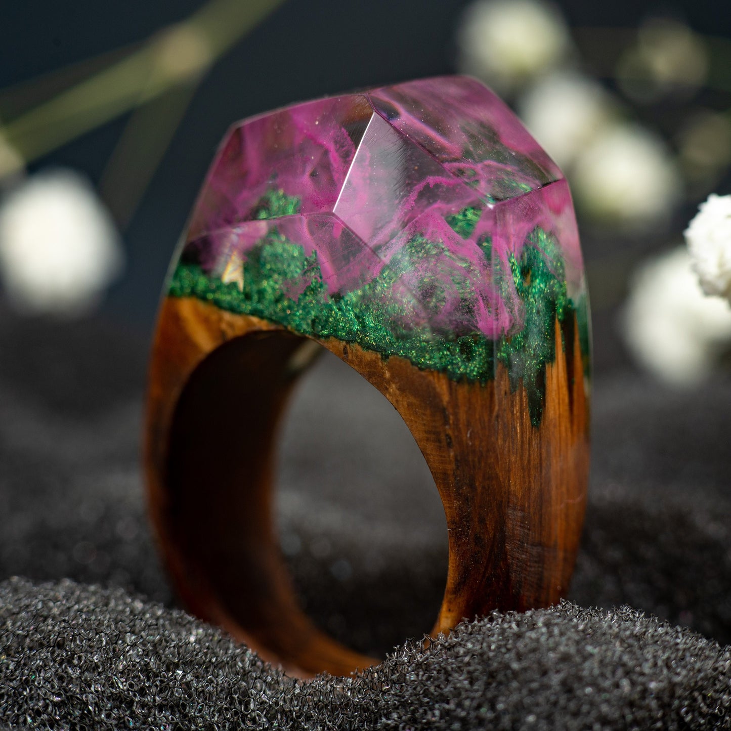 Pink Aurora Borealis Personalized Wood Resin Ring Anniversary  Gift for Women