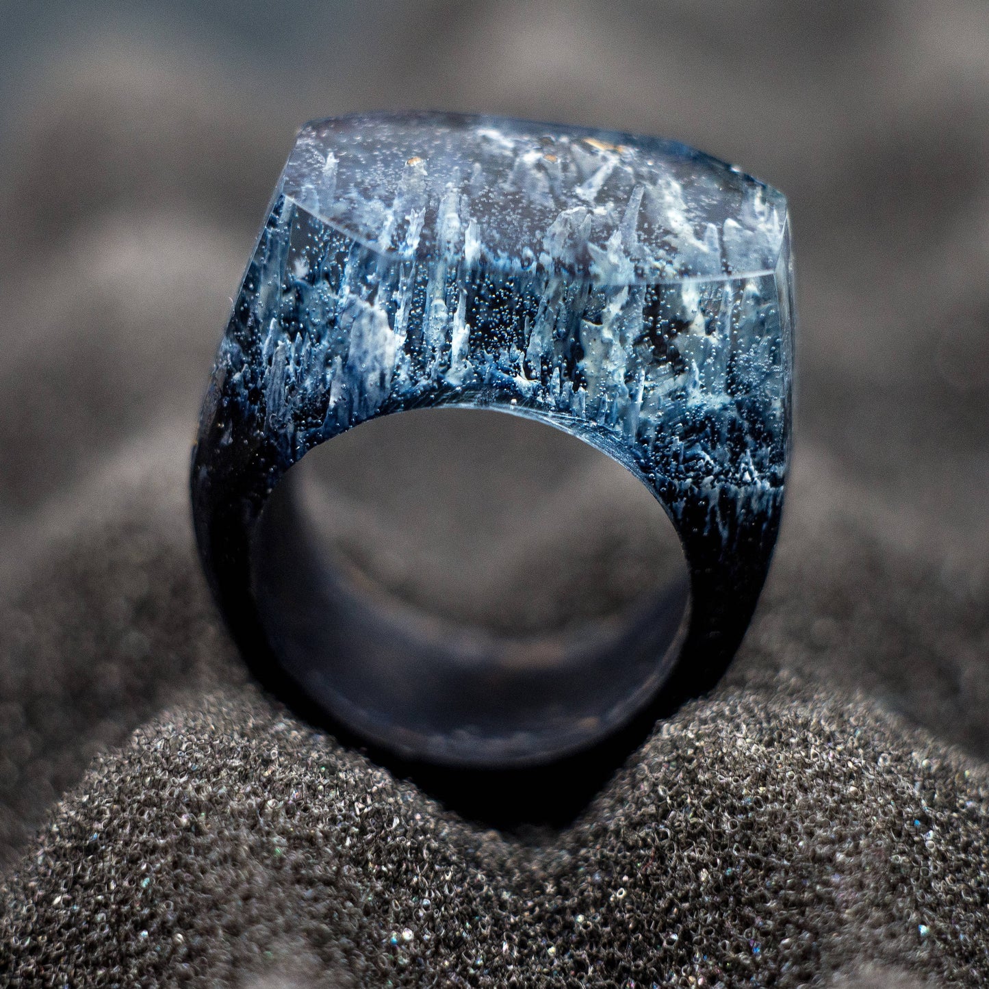 Winter Mountain Wood Resin Ring: Handmade Landscape Jewelry