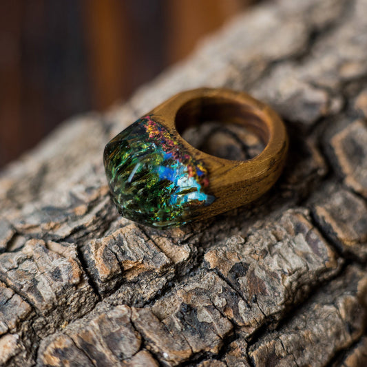 Handmade Wood Resin Ring: Forest Landscape Jewelry