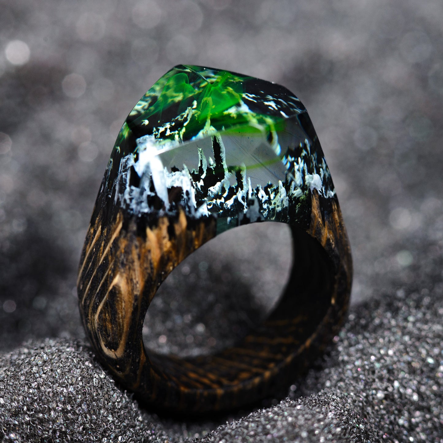Green Aurora Borealis Resin Wood Ring, Handmade Oak Band