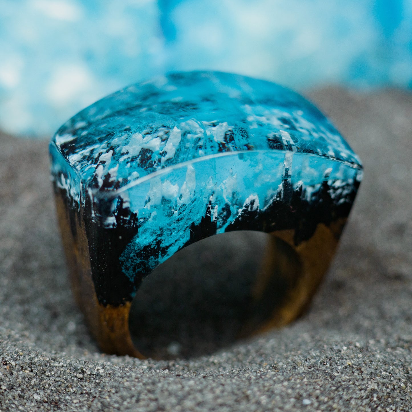 Aurora Borealis Resin Ring: Handmade Oak Wood Band