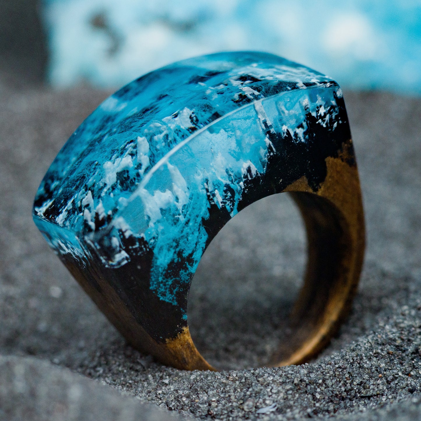 Aurora Borealis Resin Ring: Handmade Oak Wood Band