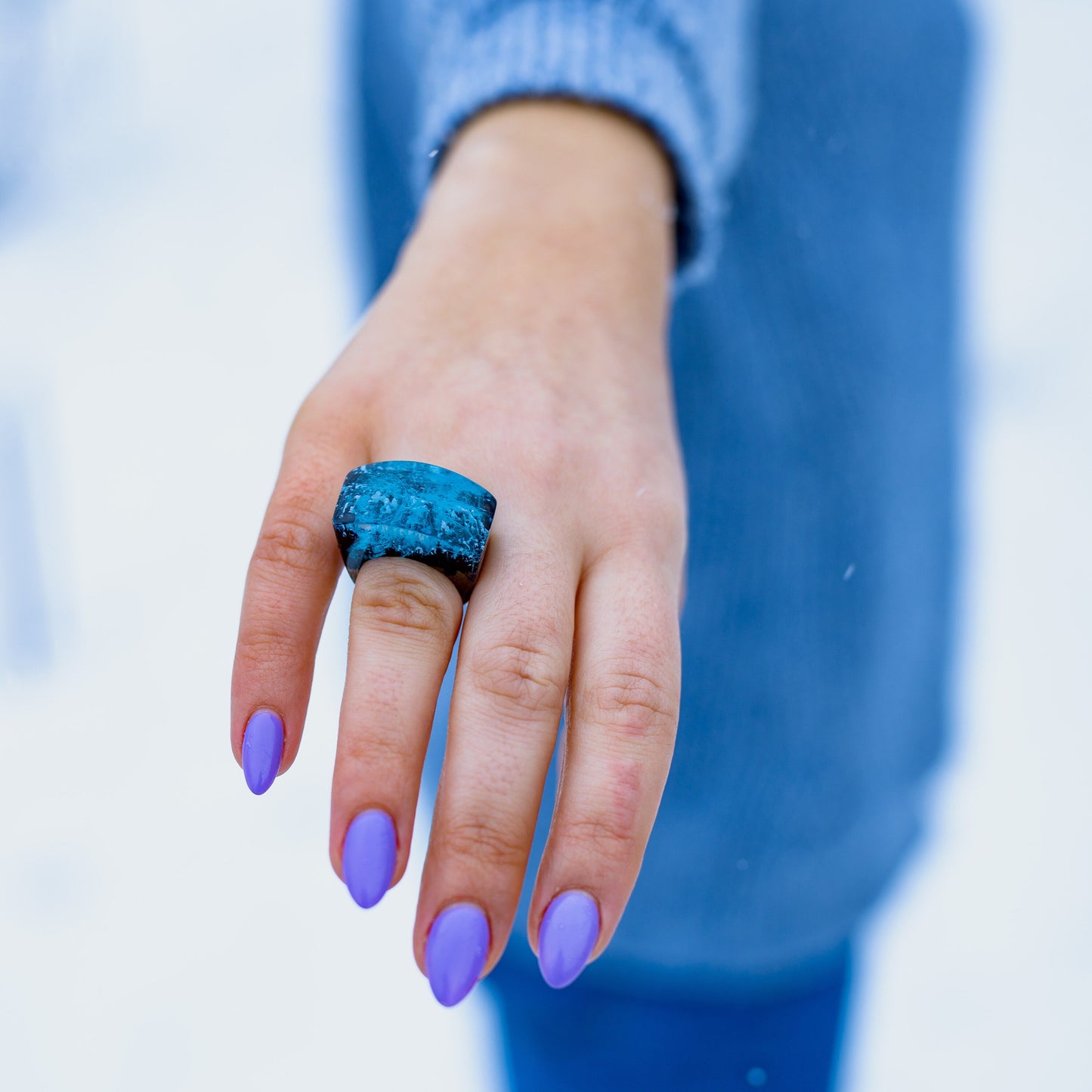 Aurora Borealis Resin Ring: Handmade Oak Wood Band
