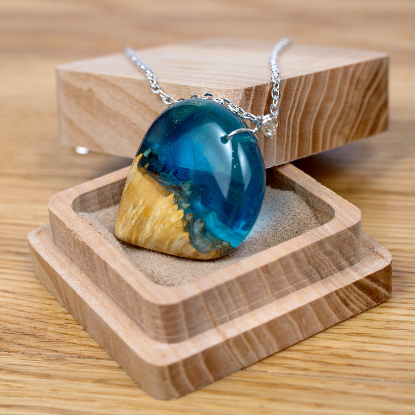Aurora Borealis Wood Resin Pendant: Night Sky Necklace