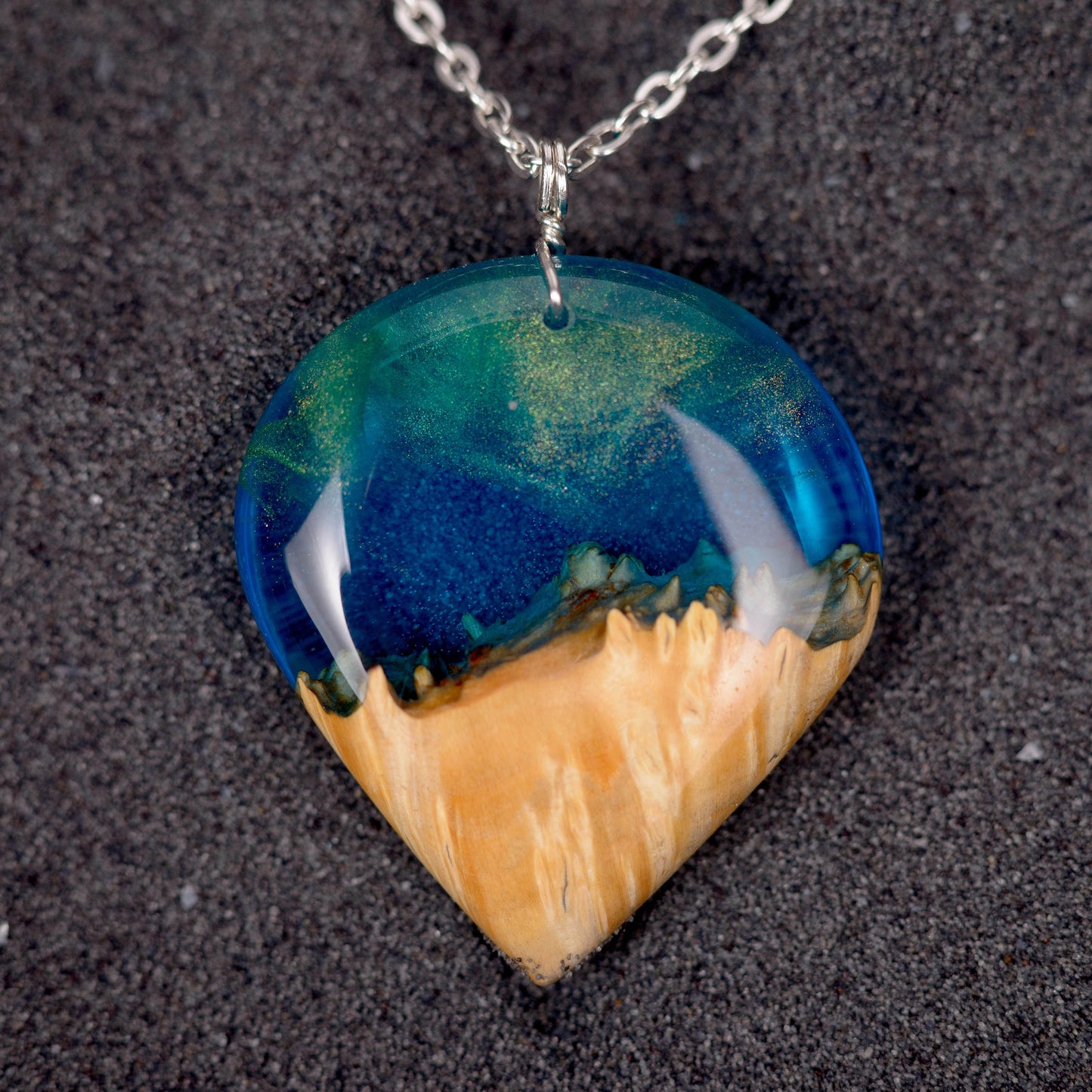 Aurora Borealis Wood Resin Pendant: Night Sky Necklace