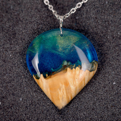Aurora Borealis Wood Resin Pendant: Night Sky Necklace