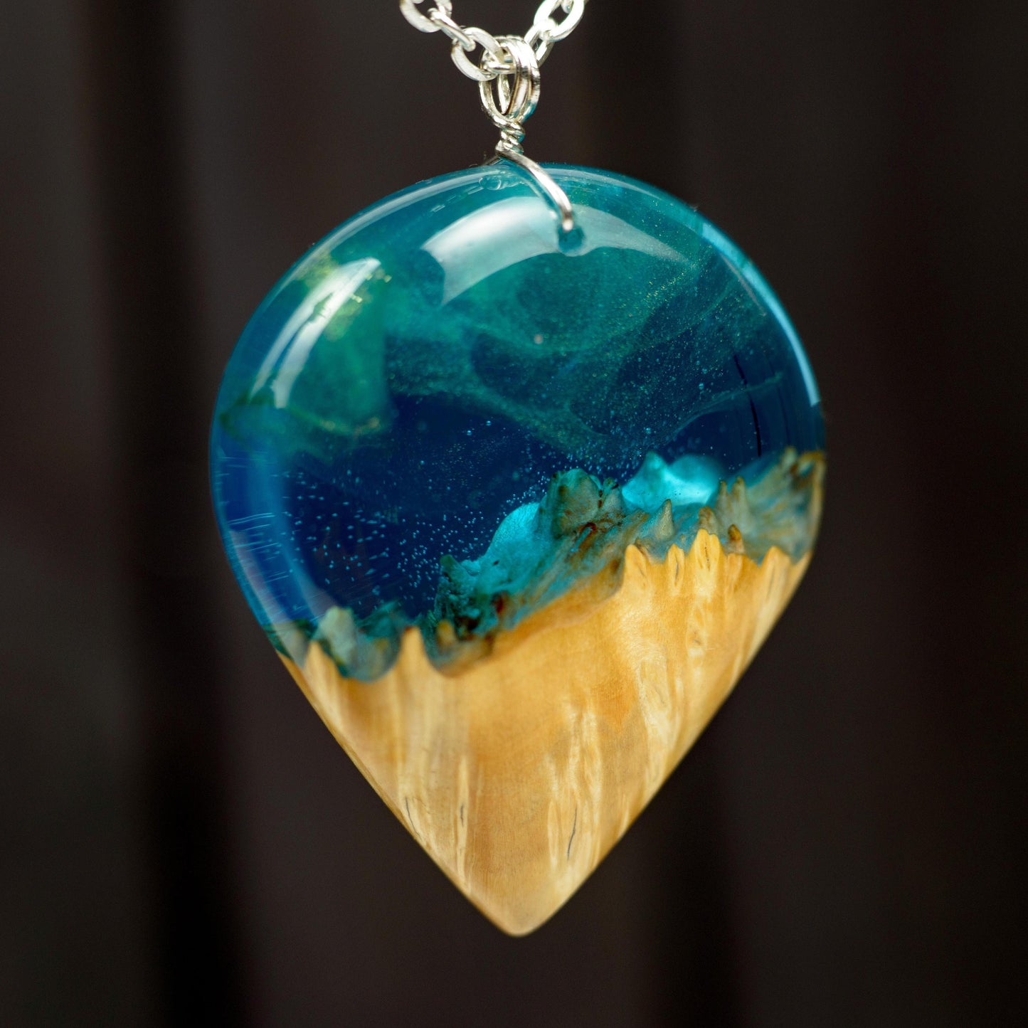 Aurora Borealis Wood Resin Pendant: Night Sky Necklace