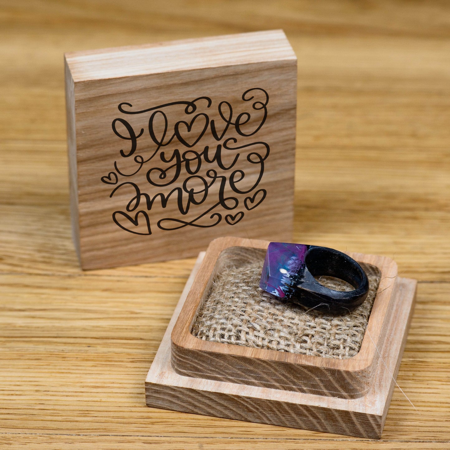 Pink Aurora Borealis Personalized Wood Resin Ring Anniversary  Gift for Women
