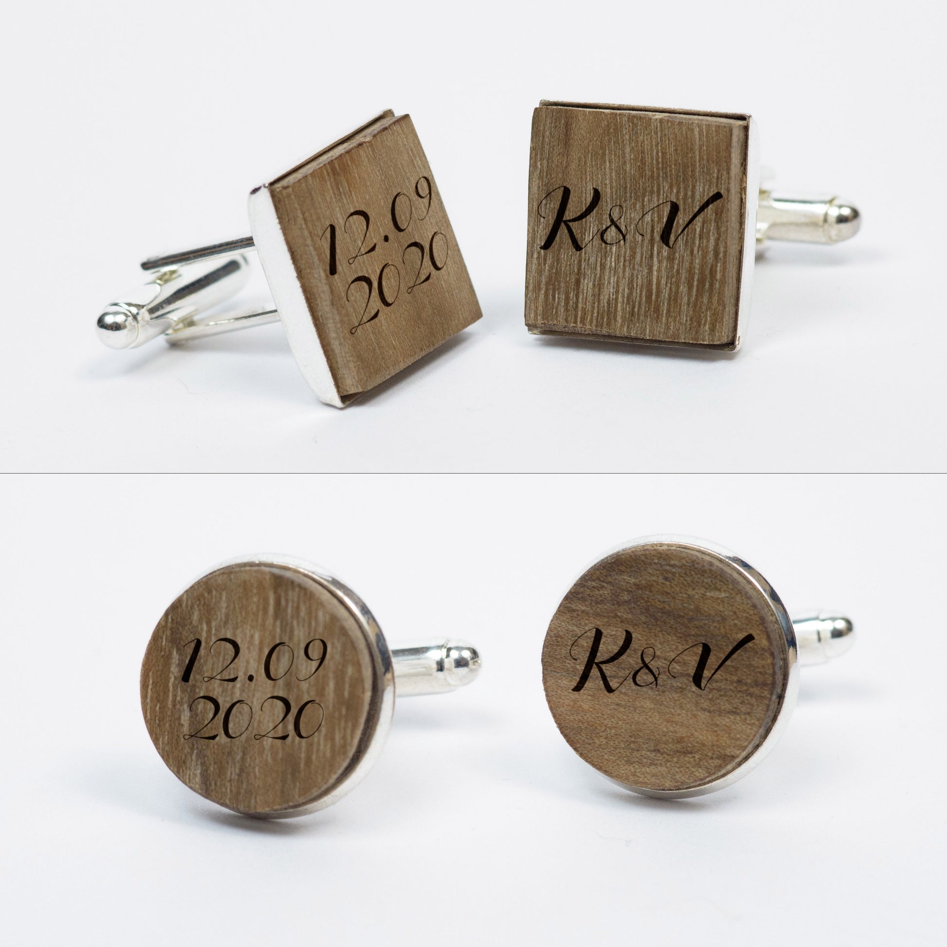 Engraved wooden cufflinks placed next to the bow tie, showcasing monogram personalization.