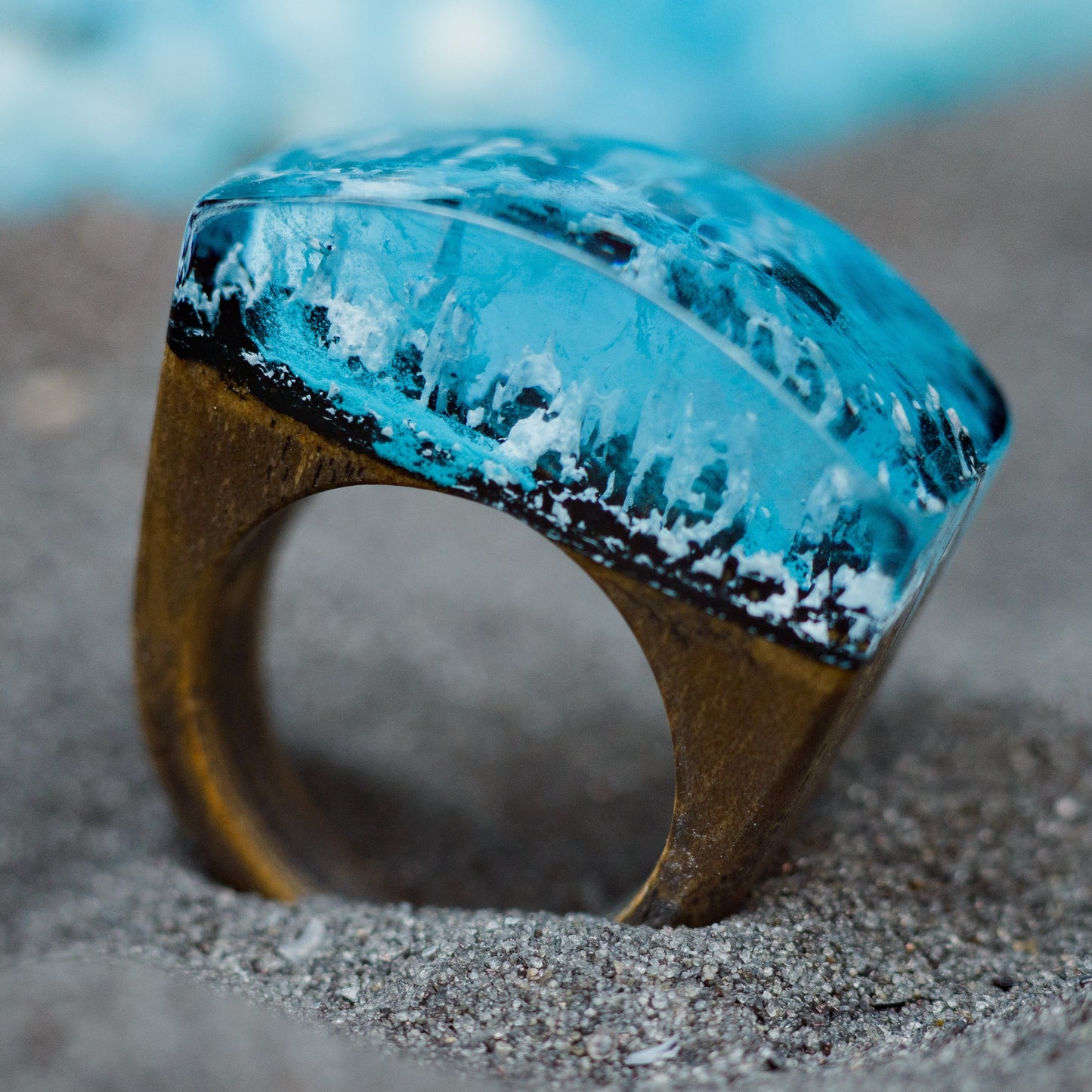 Aurora Borealis Resin Ring: Handmade Oak Wood Band