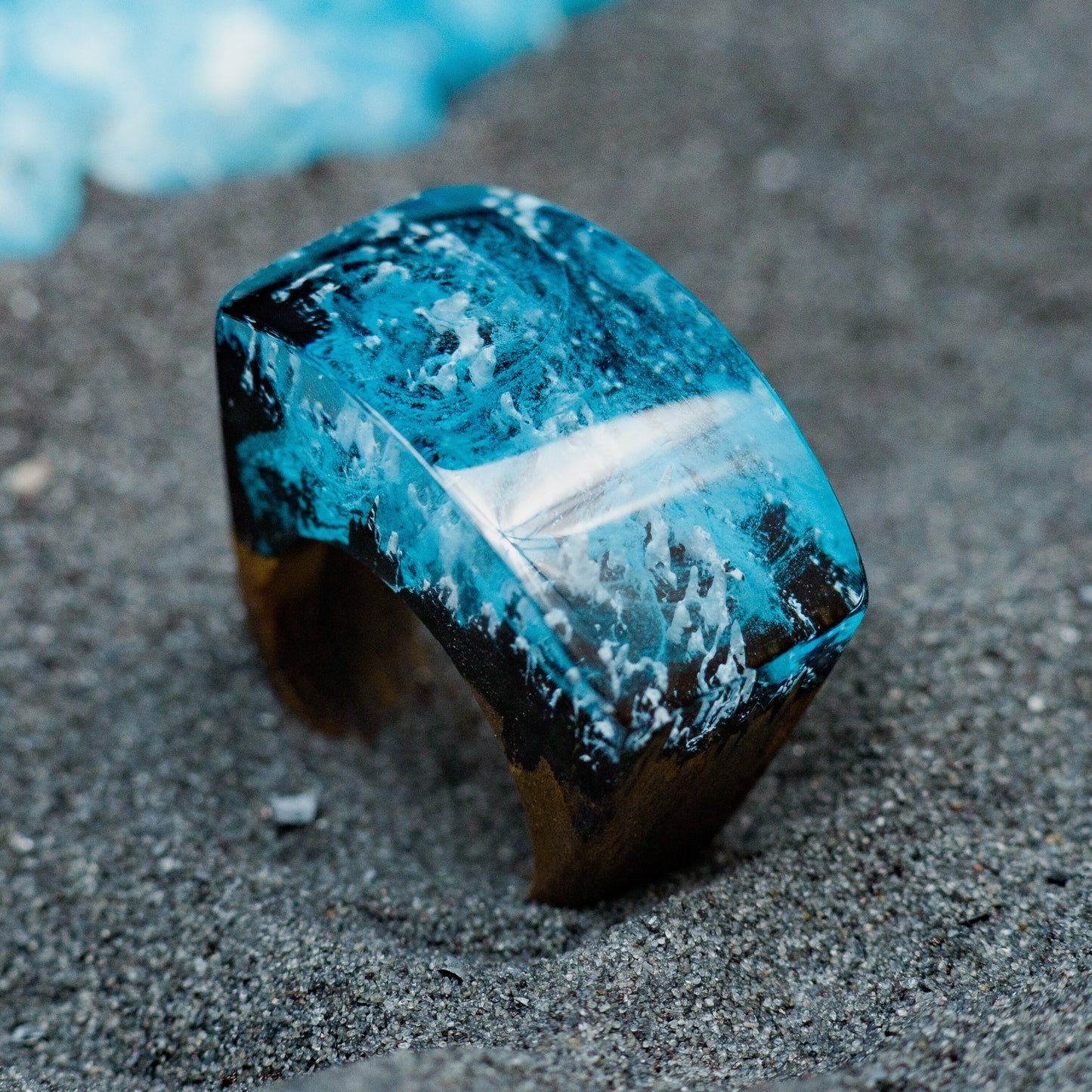 Aurora Borealis Resin Ring: Handmade Oak Wood Band