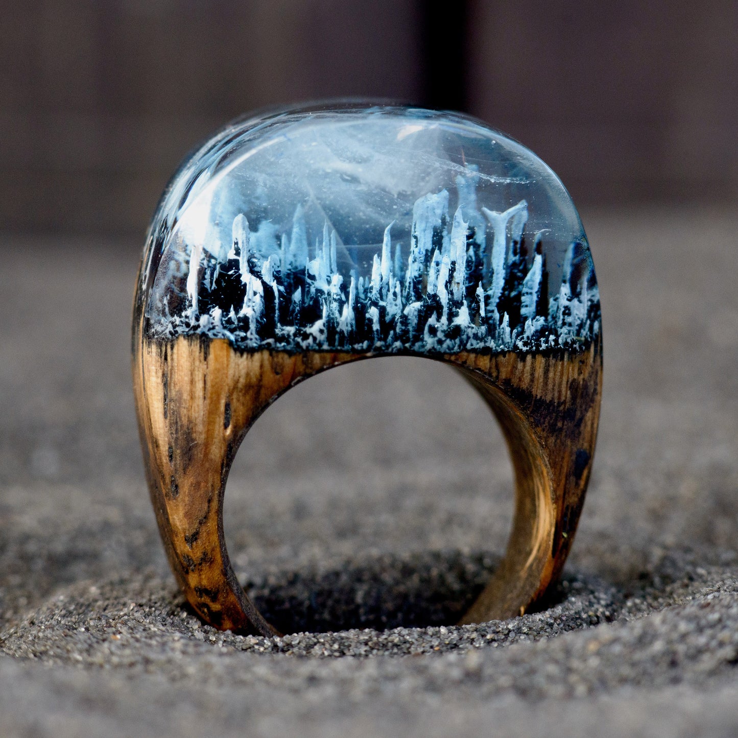 Enchanted Forest Wood Resin Ring: Snow Blizzard Landscape