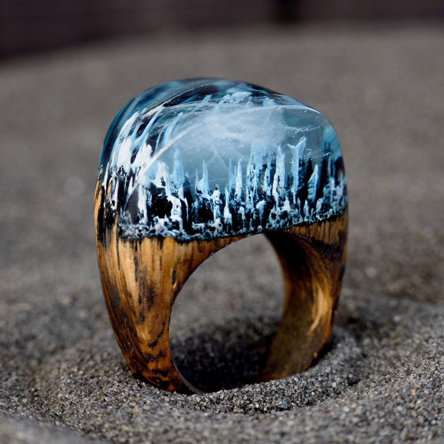 Enchanted Forest Wood Resin Ring: Snow Blizzard Landscape