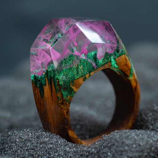 Pink Aurora Borealis Personalized Wood Resin Ring Anniversary  Gift for Women
