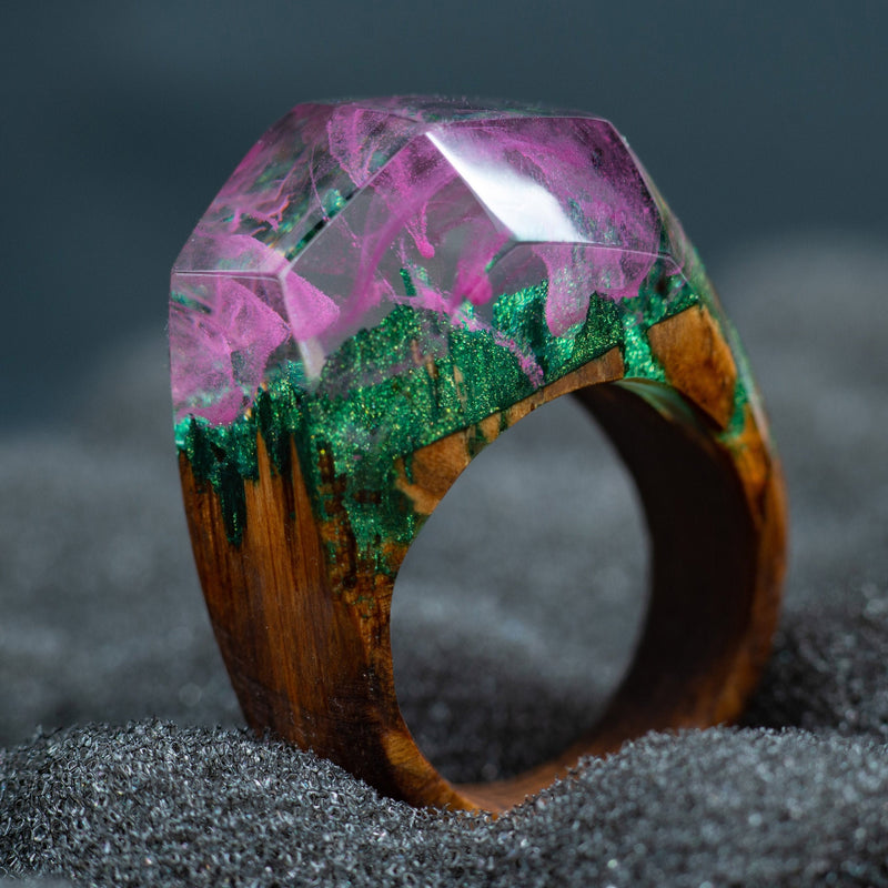 Pink Aurora Borealis Personalized Wood Resin Ring Anniversary  Gift for Women