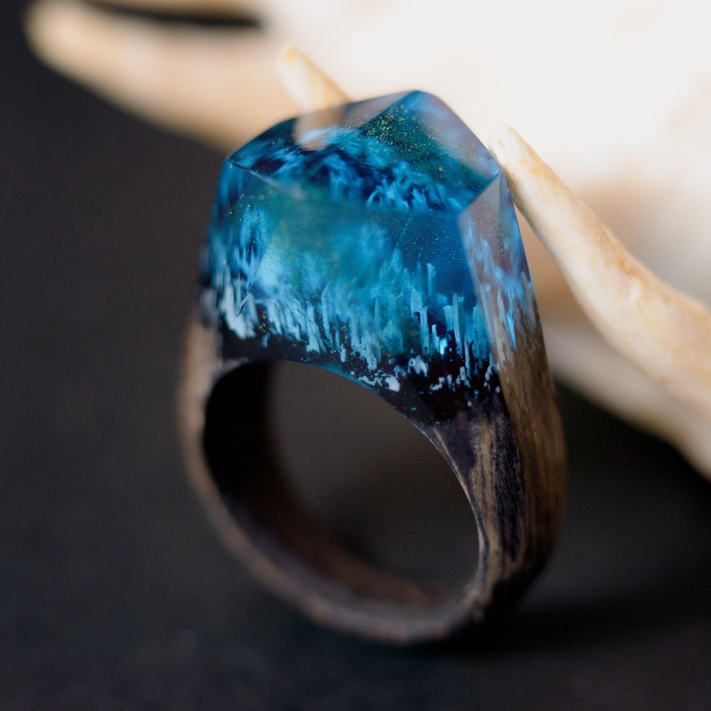 Aurora Borealis Resin Ring: Northern Lights Landscape, Oak Wood Band