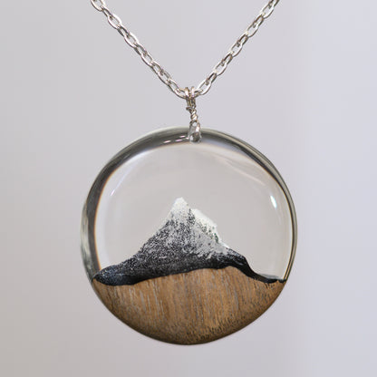 Matterhorn Mountain Wood Resin Necklace: Winter Landscape Jewelry