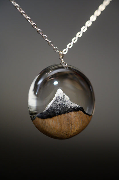 Matterhorn Mountain Wood Resin Necklace: Winter Landscape Jewelry