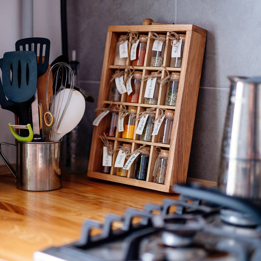 Spice Rack with Glass Jars and Wooden Spoon Deck Stand Spices Kitchen Storage