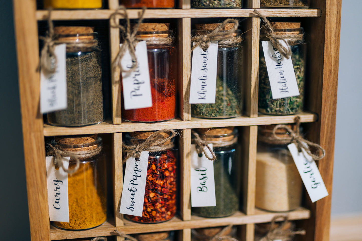 Spice Rack with Glass Jars and Wooden Spoon Deck Stand Spices Kitchen Storage