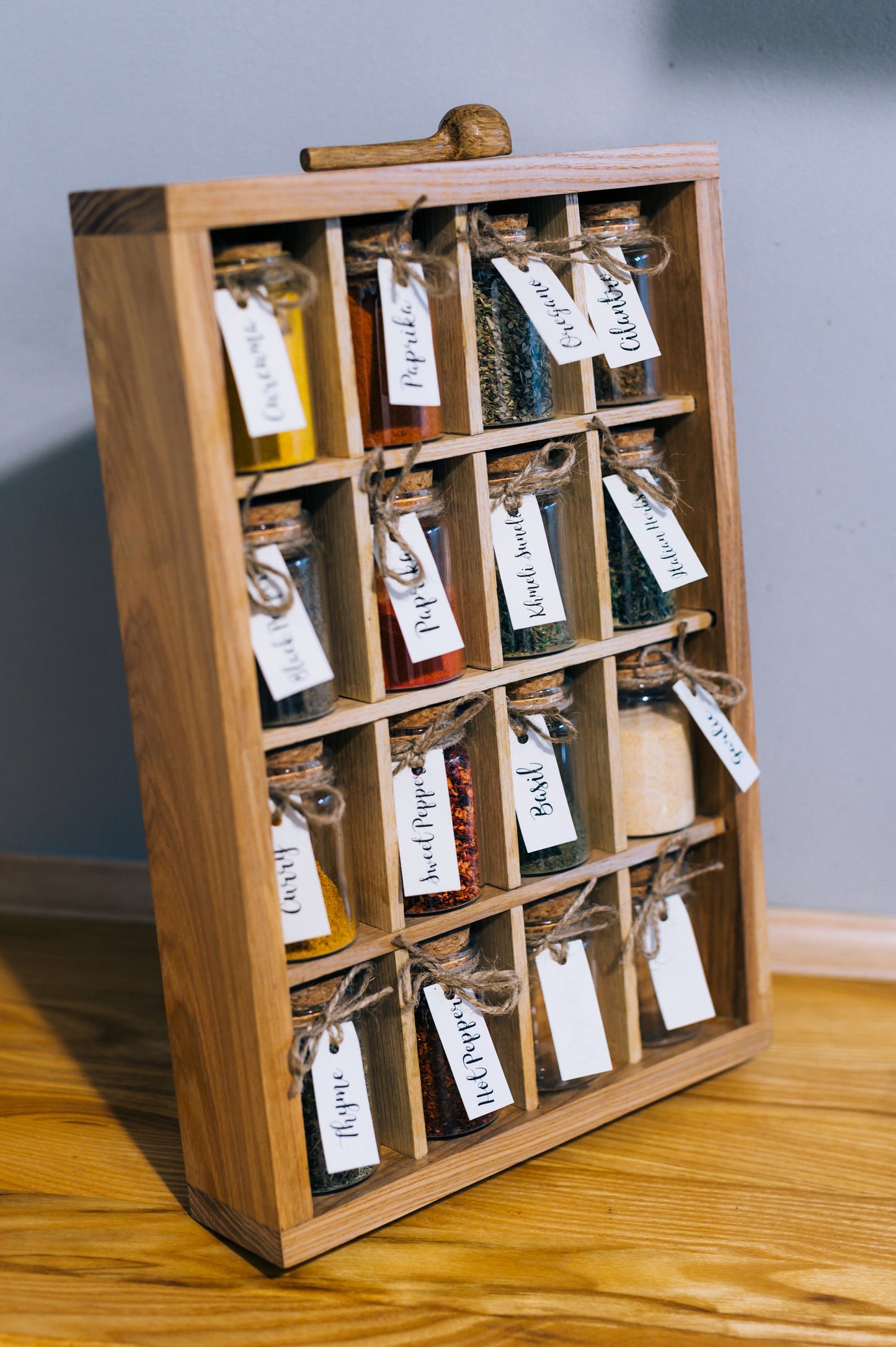 Spice Rack with Glass Jars and Wooden Spoon Deck Stand Spices Kitchen Storage