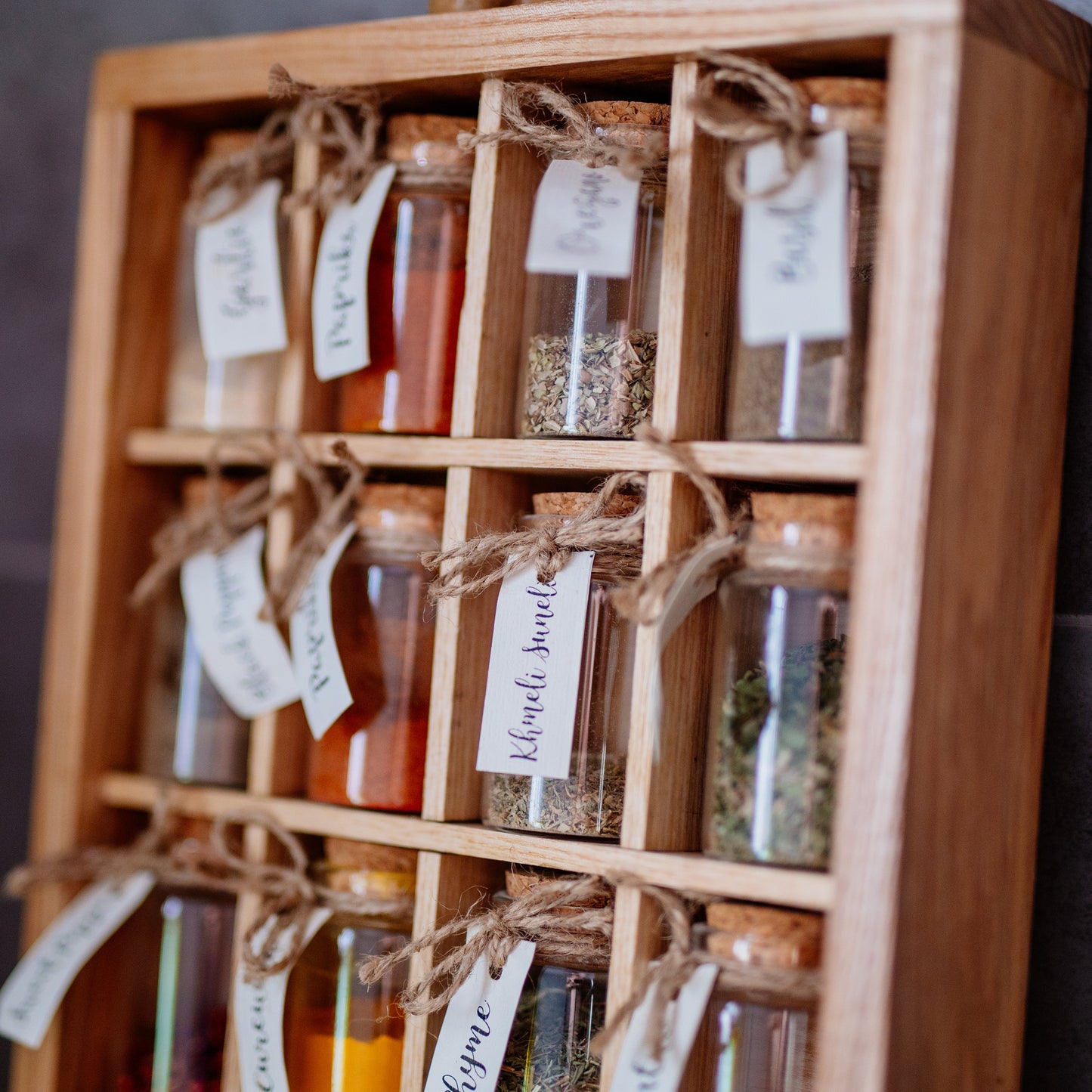 Spice Rack with Glass Jars and Wooden Spoon Deck Stand Spices Kitchen Storage