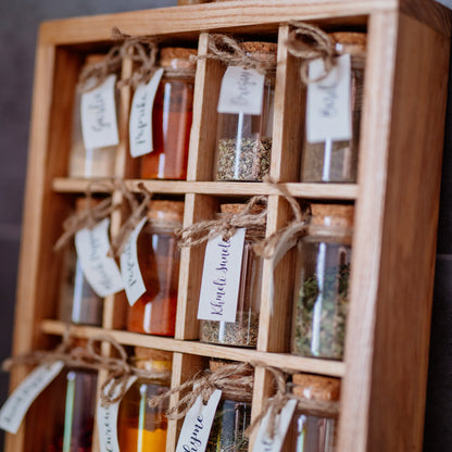 Spice Rack with Glass Jars and Wooden Spoon Deck Stand Spices Kitchen Storage