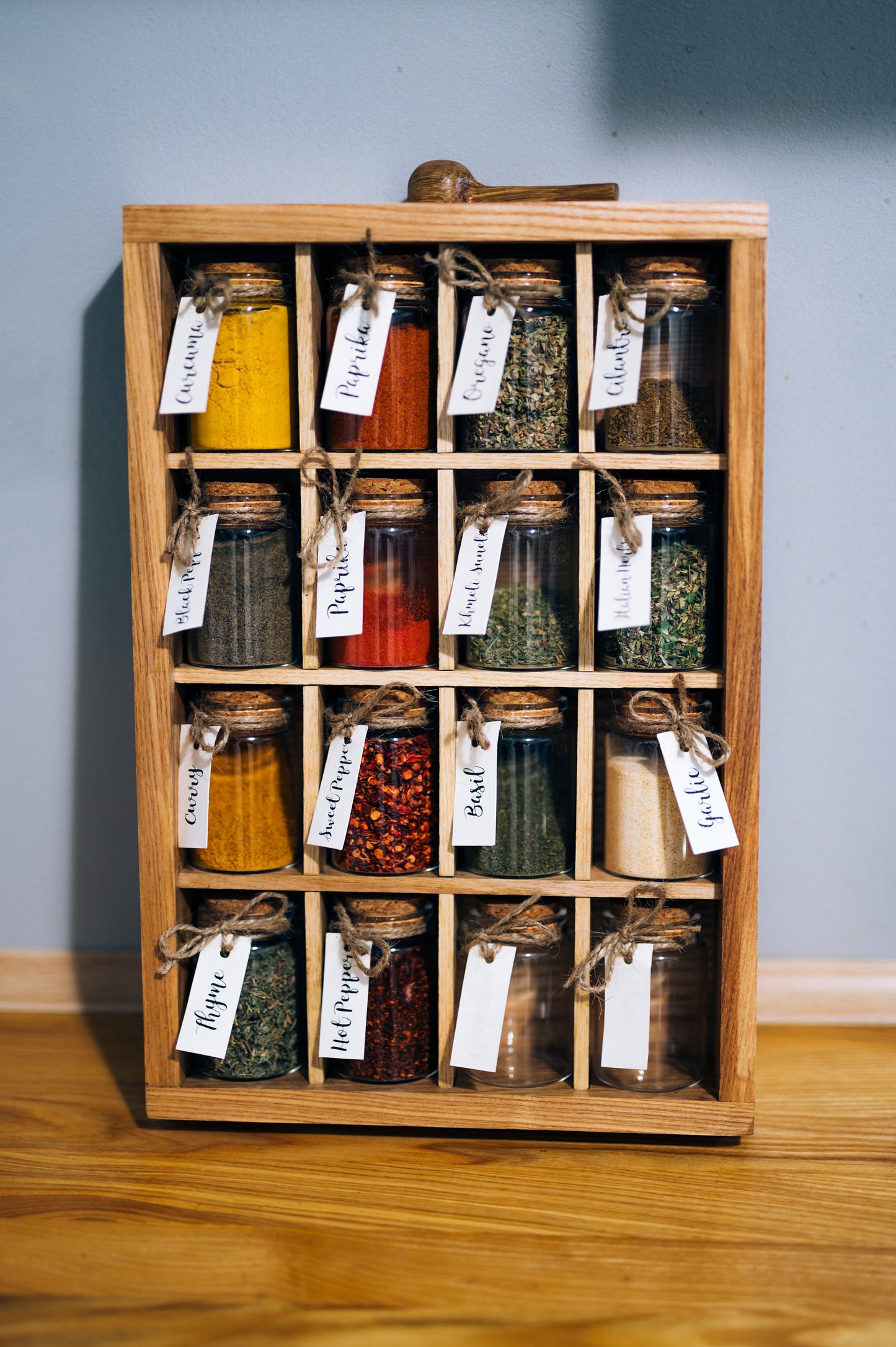 Spice Rack with Glass Jars and Wooden Spoon Deck Stand Spices Kitchen Storage