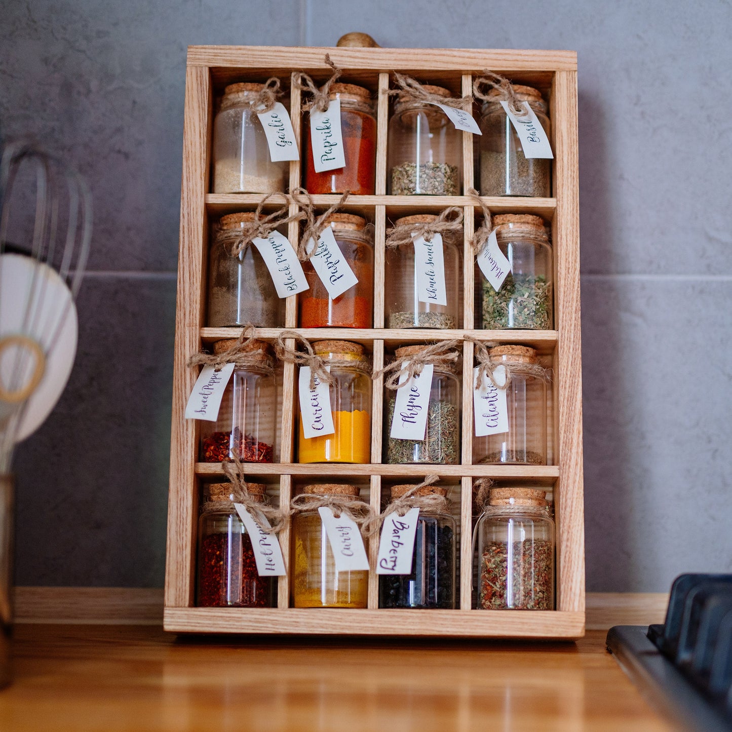 Spice Rack with Glass Jars and Wooden Spoon Deck Stand Spices Kitchen Storage