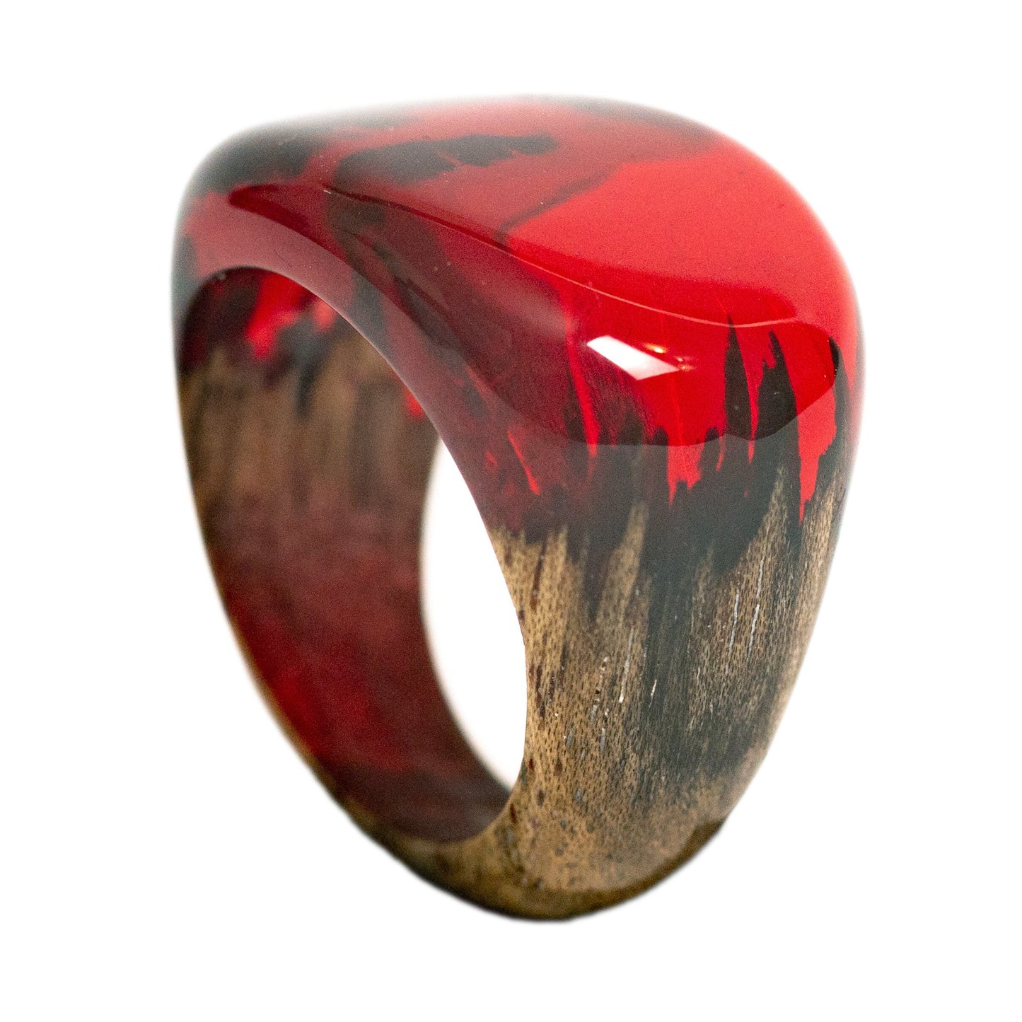 Handmade Ruby Red Resin Wood Ring: Unisex Low Profile