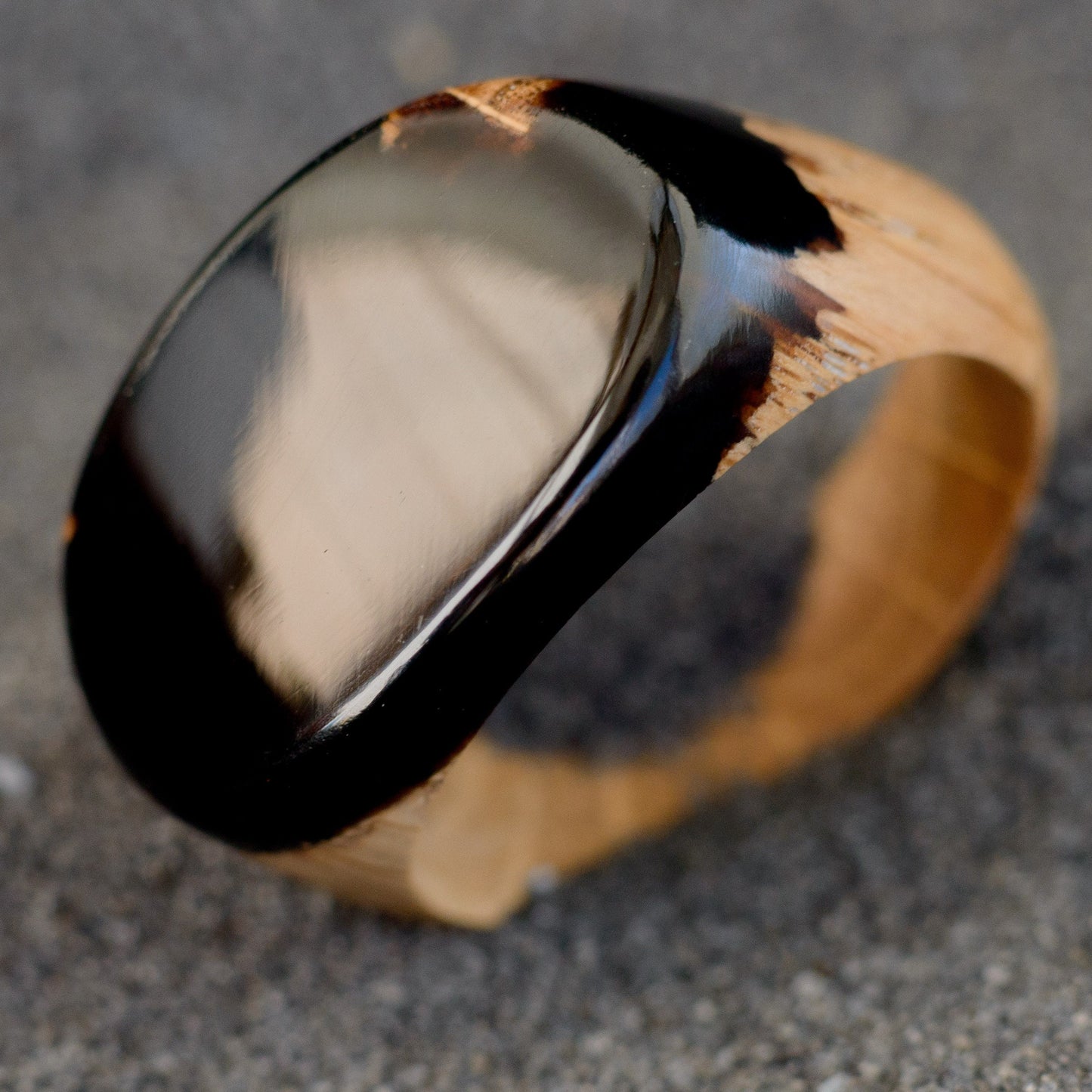 Obsidian Black Resin Wood Ring: Unisex Low Profile Band