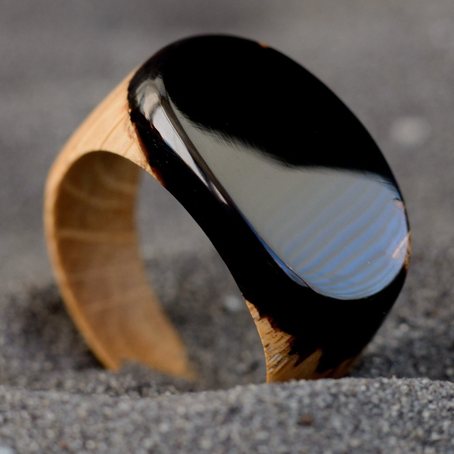 Obsidian Black Resin Wood Ring: Unisex Low Profile Band