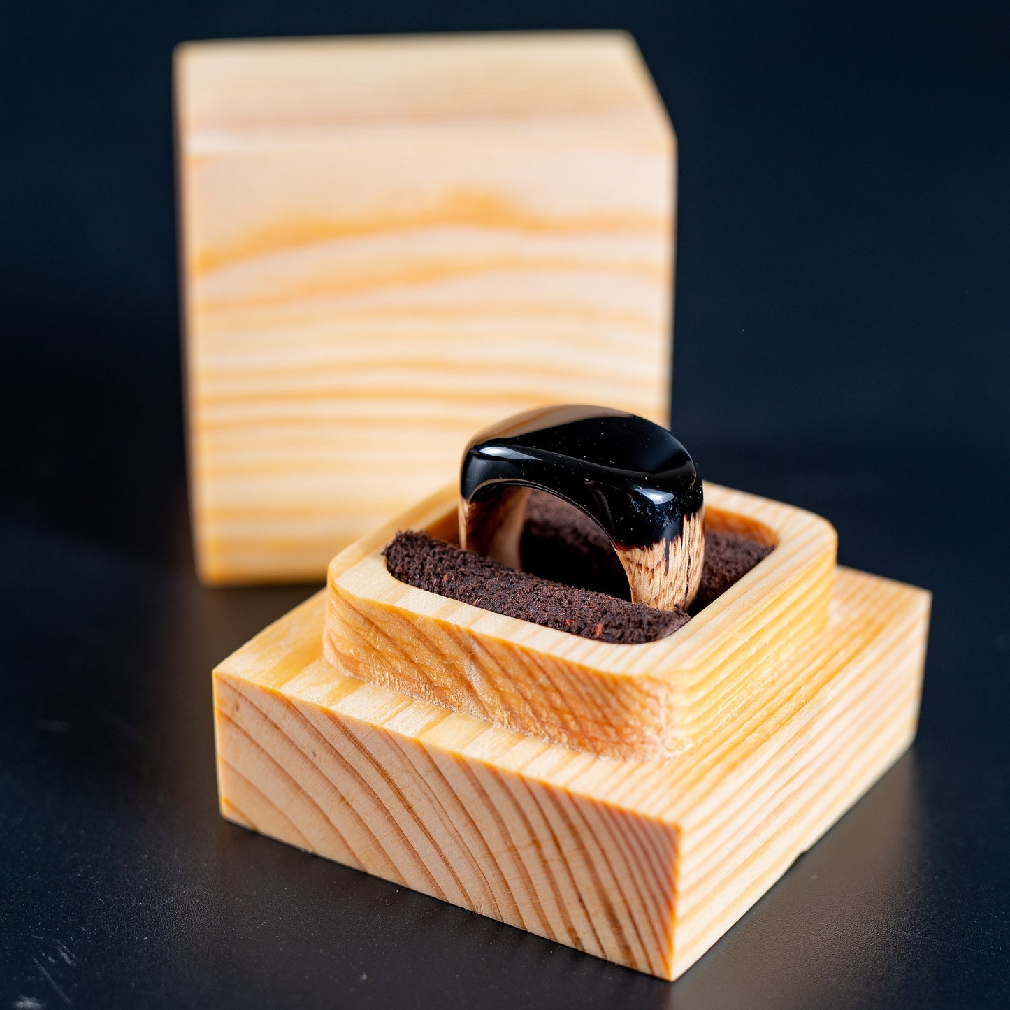 Obsidian Black Resin Wood Ring: Unisex Low Profile Band