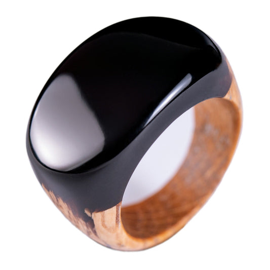Obsidian Black Resin Wood Ring: Unisex Low Profile Band