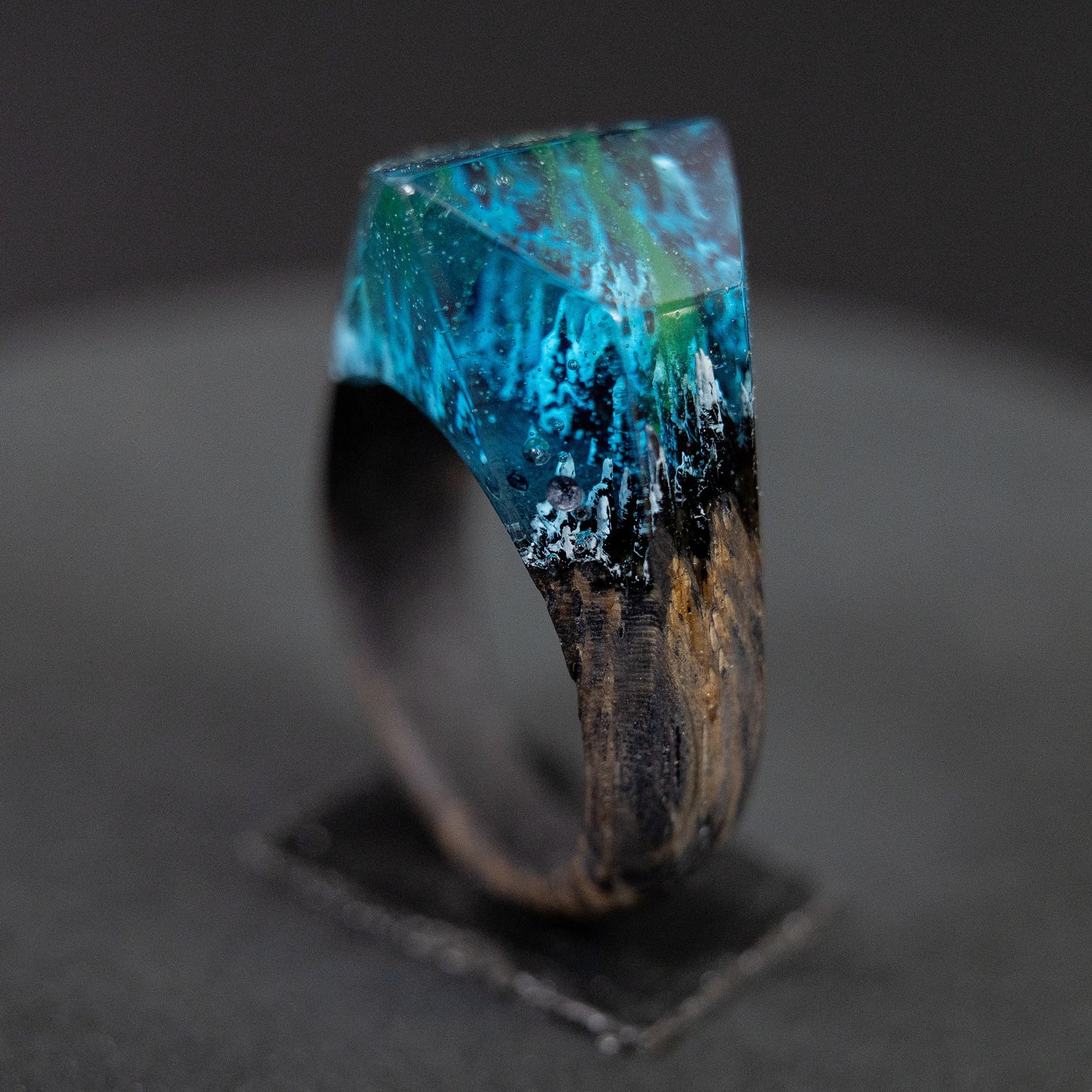 Aurora Borealis Resin Ring: Northern Lights Landscape, Oak Wood Band