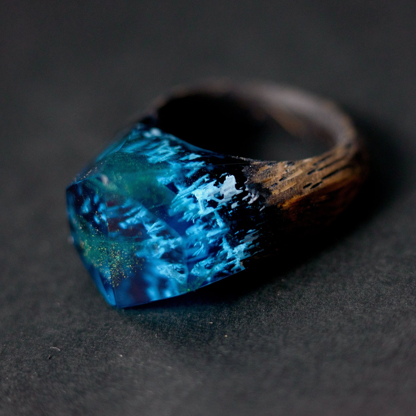 Aurora Borealis Resin Ring: Northern Lights Landscape, Oak Wood Band