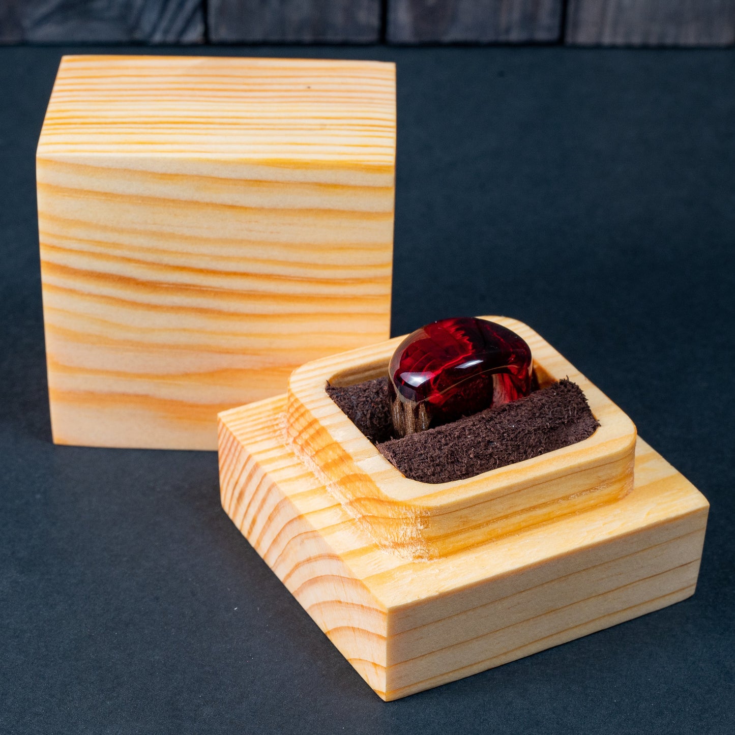 Handmade Ruby Red Resin Wood Ring: Unisex Low Profile