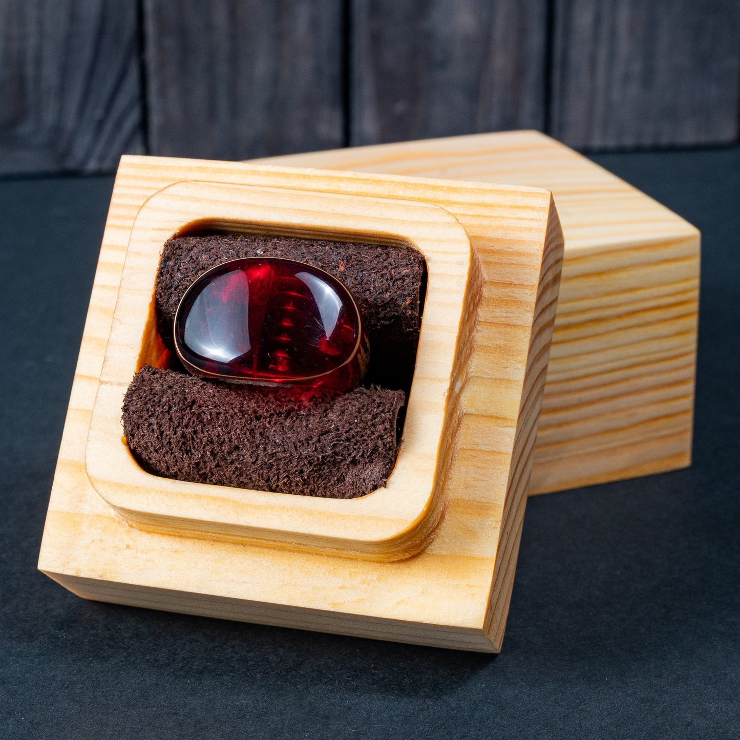 Handmade Ruby Red Resin Wood Ring: Unisex Low Profile